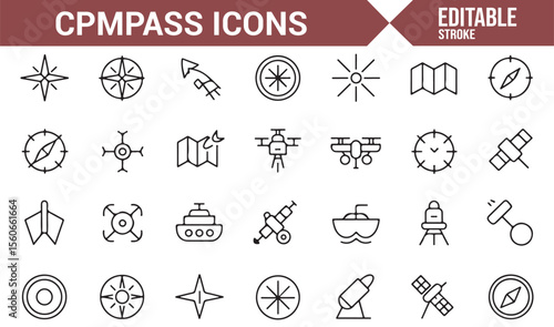 Icons depicting various compasses, navigation tools, and direction indicators for travel.