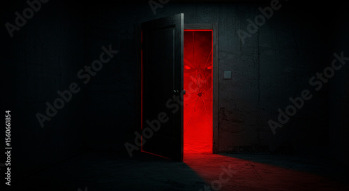 Opened door revealing monstrous red eyes, cracked glass texture, and spooky light effect. Scary creature concept for Halloween.