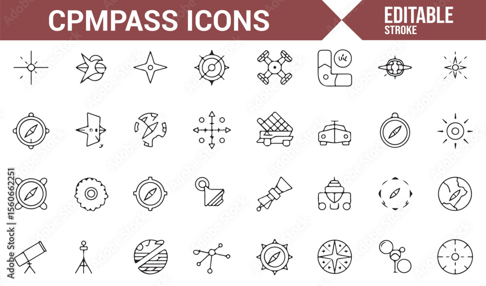 Fototapeta premium Compass and navigation-related icons for travel, exploration, and journey mapping.