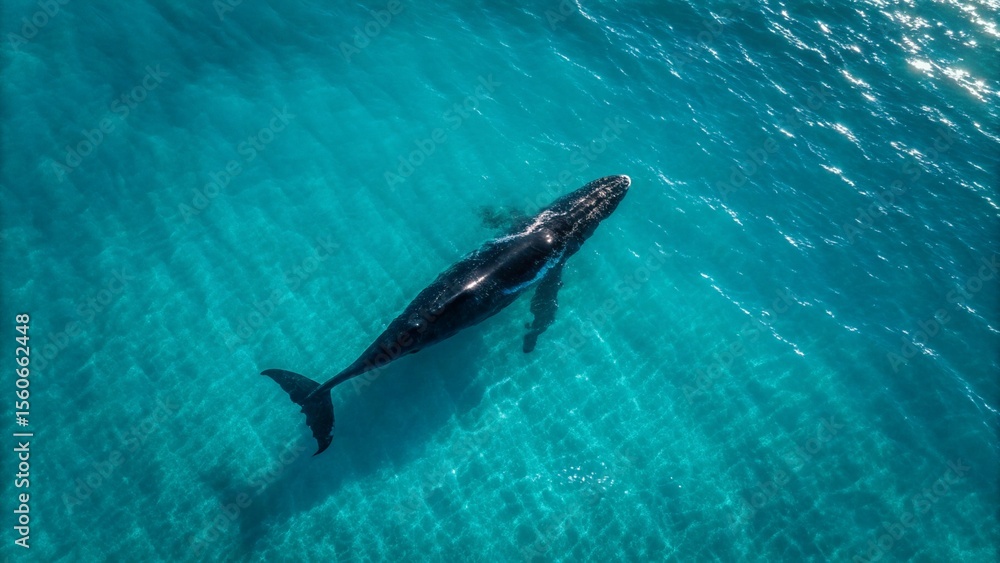 Obraz premium An enchanting aerial view shows a lone whale gracefully swimming in crystal-clear turquoise waters, with visible coral reefs and sandy bottom below