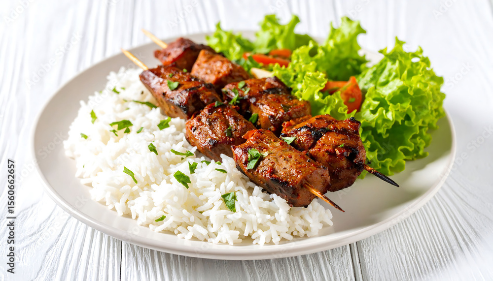 Grilled meat with rice and fresh lettuce served on a plate Grilled meat with rice and fresh lettuce served on a plate