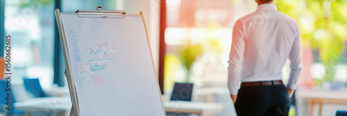 Businessman viewing analytics chart on whiteboard in bright modern office, 3:1 banner image with pastel tones and copy space on right for business website or blog header