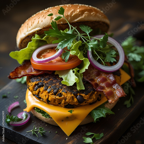 Gourmet Veggie Burger with Bacon, Cheddar, and Fresh Herbs