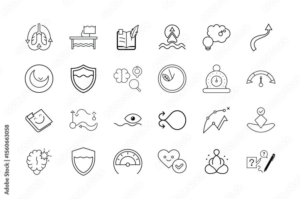 Fototapeta premium Mental Wellness and Stress Management Icon Set – Breathing, Mindfulness, Relaxation, Emotional Balance, Self-Care, and Mental Health Symbols