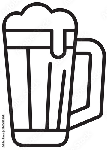 
A crisp, black outline icon of a beer mug with frothy foam spilling over the rim, featuring vertical lines for texture, on a white background.