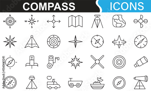 Simple compass symbols and navigation tools for use in travel, mapping, and exploration.