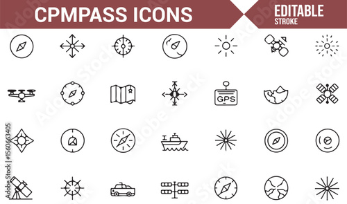 Set of compass and navigation icons for travel, direction, and exploration themes.