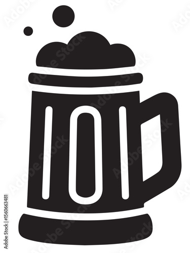 A solid black icon of a traditional beer stein with foam and bubbles, ideal for representing pubs, beverages, or festive events.