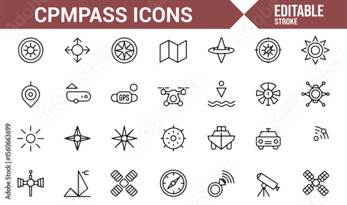 A collection of compass-related icons, featuring symbols for navigation, direction, exploration, and location-finding tools.