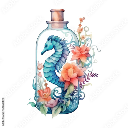 Illustration of various glass bottles containing liquids like water, alcohol, and perfume, isolated on a clean white background