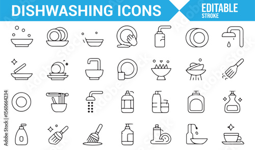 Minimal icons for dishwashing and kitchen cleaning tools including soap, water, and sponges.