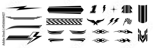 Racing cars and race car stripes set. Checkered flag, motocross labels, dynamic lines, motorsport, racing stripe speed, sport decals, tuning stickers