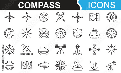 Minimalist travel navigation and direction icons, including compasses and tools.