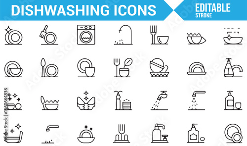 Minimal icons for dishwashing and kitchen cleaning tools including soap, water, and sponges.