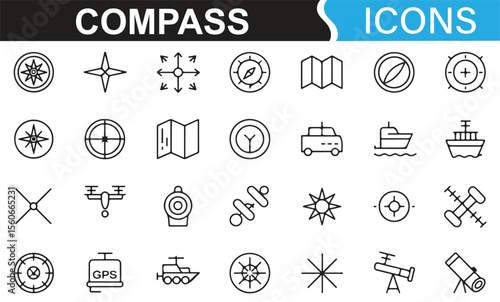 Line art compass symbols for guidance, navigation, and exploration themes.