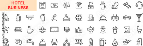 Hotel Business Line Icon Design Featuring Reception Desks, Beds, Room Keys, Luggage, Star Ratings, Air Conditioning, Drinks, Toilets, Showers, Do Not Disturb Signs, Reservations, Wi-Fi, and Taxis