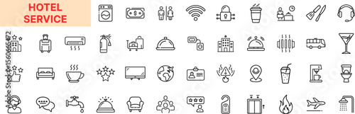 Hotel Service Line Icon Design Featuring Bellhops, Room Keys, Air Conditioning, Coffee Cups, Luggage, Beds, Wi-Fi, Cleaning Tools, Star Ratings, Do Not Disturb Signs, Maps, Drinks, and Reception