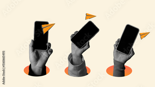 Three Monochrome Hands Holding Smartphones With Orange Paper Planes