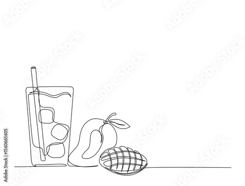 Mango juice in single line draw illustration. Continuous one line drawing of fresh mango juice, Editable stroke.