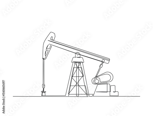 Oil pumpjack in single line draw illustration. Continuous one line drawing of Land oil drilling rig, Editable stroke.