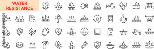 Water Resistance Line Icon Design Featuring Droplets, Shields, Layers, Coatings, Barriers, Spray Bottles, Hydrophobic Surfaces, Waterproof Labels, Absorption Control, and Moisture Protection