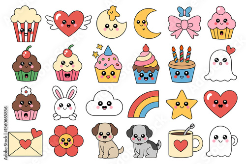Vector art of a collection of kawaii dessert and animal stickers isolated on white