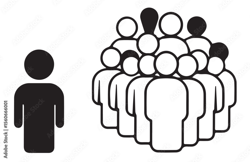 Ταπετσαρία An isolated black figure stands opposite a group of white figures, one with an exclamation mark, symbolizing individualism versus a diverse crowd