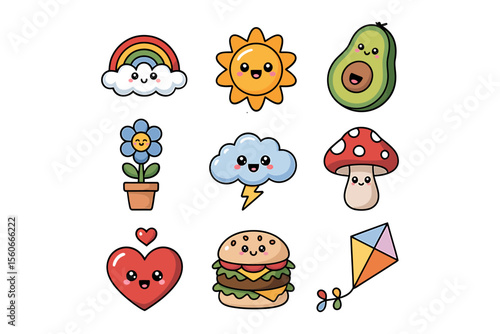 Vector art of a collection of kawaii style food and nature icons isolated on white background
