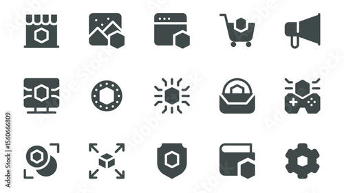 NFT token glyph icons pack for web design. Solid icon set with digital art marketplace, artworks, game, auction buying, cryptocurrency, payment transaction and more pictograms. Vector illustration.
