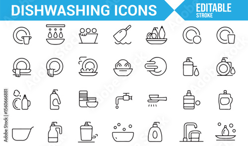Collection of kitchen cleaning and dishwashing icons for household chores and washing routines.