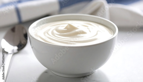 Creamy yogurt in a small white bowl with smooth texture