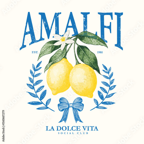 amalfi lemons la dolce vita with bow print design. summer fruit print graphics in vector. vintage grunge tecture for lemon artwork. t-shirt design for amalfi vibes.