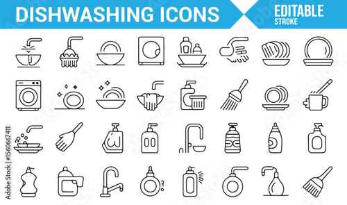 Icons representing dishwashing tasks, including washing dishes, utensils, and cleaning products.