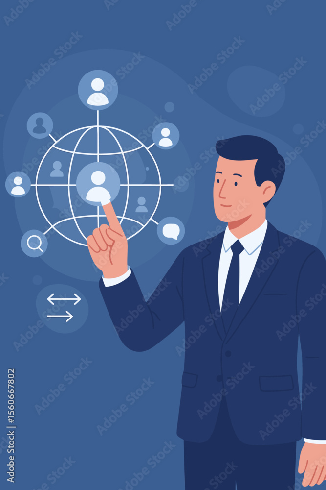 Businessman in suit interacting with global network structure, customer data connection, CRM, social network communication, customer service, experience management, data search interface Businessman in suit interacting with global network structure, customer data connection, CRM, social network communication, customer service, experience management, data search interface