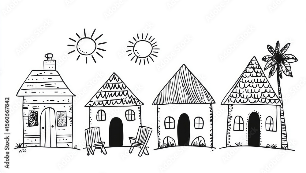 Fototapeta premium Simple black and white sketch of three small houses. Beachy, summery feel. Two chairs shown in front of each house. Sun and palm tree