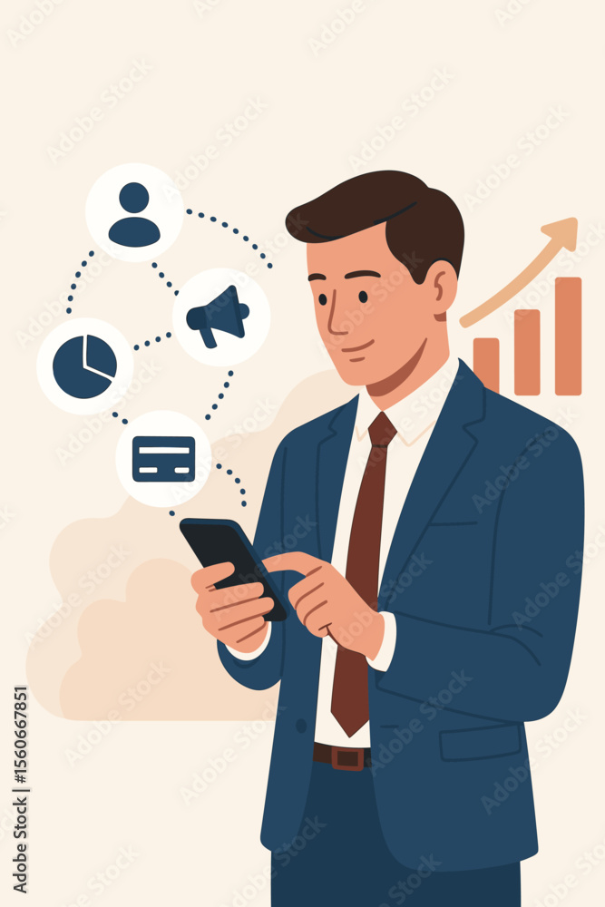 Businessman in suit using smartphone with digital marketing, data analytics, growth graph, customer management, online banking, payment, financial planning, mobile business technology concept Businessman in suit using smartphone with digital marketing, data analytics, growth graph, customer management, online banking, payment, financial planning, mobile business technology concept