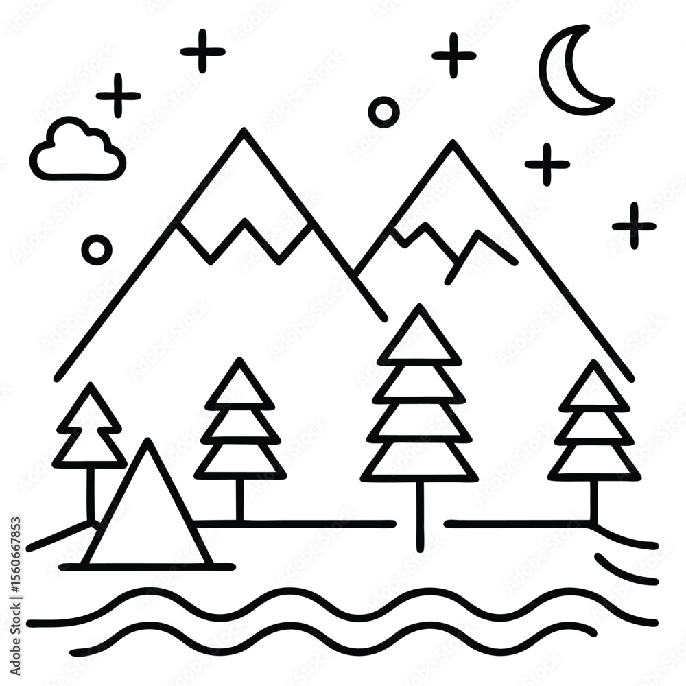 Fototapeta premium Minimalist Line Icons of Forest Night Scene Mountains, Trees, and Tent