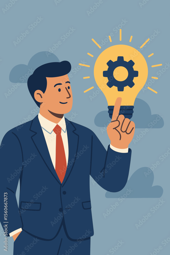Businessman in suit pointing at glowing light bulb with gear icon, symbolizing innovation, creative business solutions, finance strategy, economic growth, idea development, and problem solving Businessman in suit pointing at glowing light bulb with gear icon, symbolizing innovation, creative business solutions, finance strategy, economic growth, idea development, and problem solving