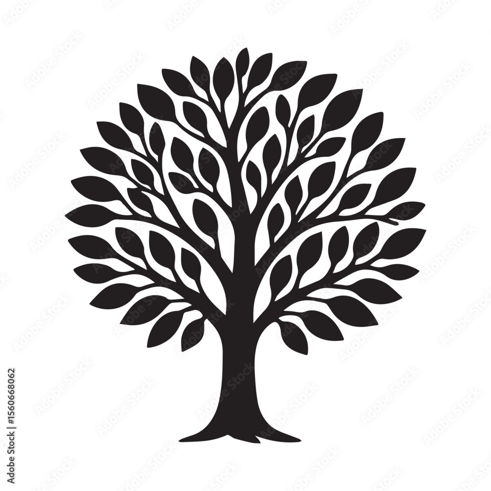 Naklejka premium Silhouette of a Lush Tree with Dense Foliage Against a White Background Emphasizing its Natural Form