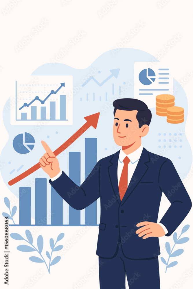 Businessman Illustrating Economic Growth, Financial Data Analysis, Investment Market Profit, Success in Finance, Rising Sales Graph, Bar Chart, Pie Chart, Money Coins, Stock Market Concept Businessman Illustrating Economic Growth, Financial Data Analysis, Investment Market Profit, Success in Finance, Rising Sales Graph, Bar Chart, Pie Chart, Money Coins, Stock Market Concept
