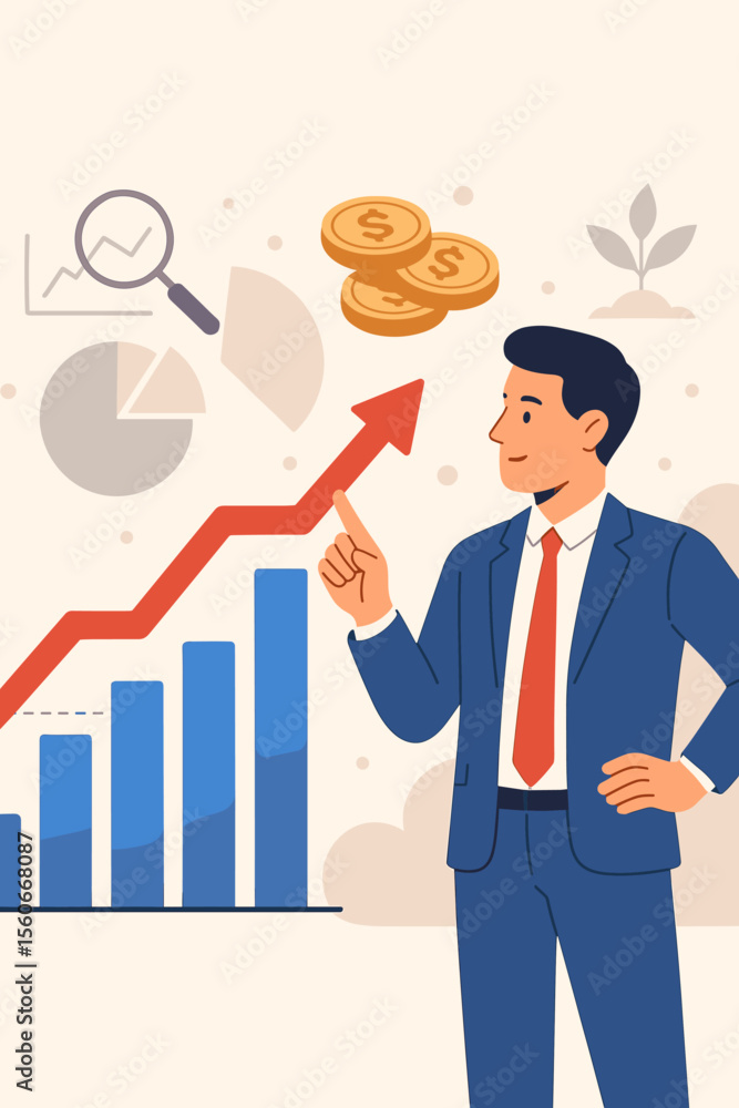 Businessman Pointing at Growing Financial Chart, Economic Growth, Investment Market Profit, Data Analysis, Sales Increase, Success Strategy, Money Coins, Bar Graph, Finance Concept Illustration Businessman Pointing at Growing Financial Chart, Economic Growth, Investment Market Profit, Data Analysis, Sales Increase, Success Strategy, Money Coins, Bar Graph, Finance Concept Illustration
