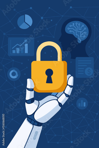 Artificial Intelligence Cyber Security Concept. Robotic Hand Holding Padlock Protecting Business Data, Financial Information, Digital Privacy, Secure Network, Technology Innovation, Data Protection