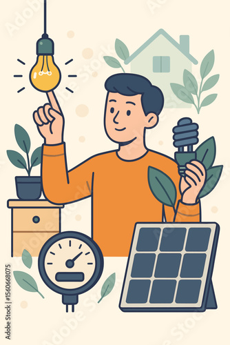 Energy Efficiency Concept Illustration. Person Choosing Sustainable Solutions for Home. Solar Panel, LED Bulb, Electricity Meter, Eco-Friendly Lifestyle, Renewable Energy, Modern Flat Vector Design