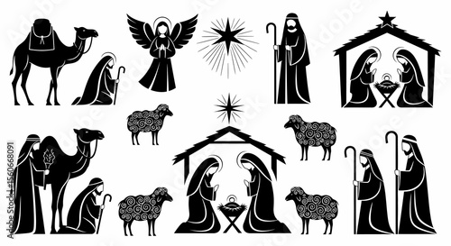 Black and White Nativity Scene Icons: Camel, Shepherds, Sheep, Holy Family, Angel, Star
