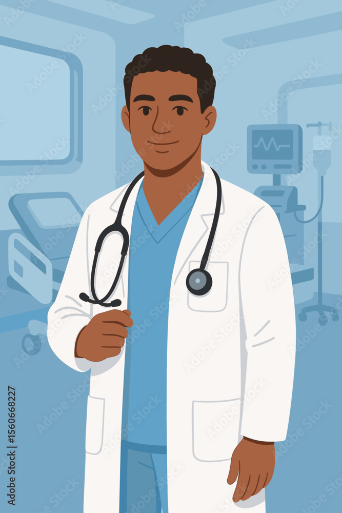 Confident African American Doctor in White Coat with Stethoscope, Professional Physician in Hospital Room, Emergency Healthcare, Medical Staff, Modern Flat Vector Illustration for Nursing Care Confident African American Doctor in White Coat with Stethoscope, Professional Physician in Hospital Room, Emergency Healthcare, Medical Staff, Modern Flat Vector Illustration for Nursing Care