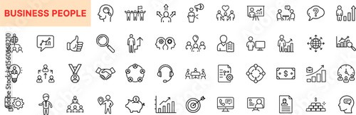 Business People Line Icon Design Featuring Teams, Leaders, Presentations, Handshakes, Growth Charts, Headsets, Awards, Communication, Office Work, Strategy, Meetings, and Target Planning