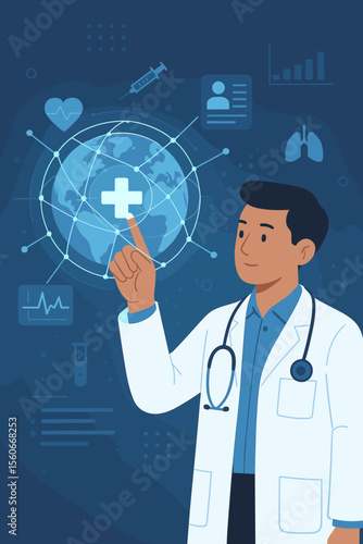 Medicine doctor interacting with digital global healthcare network. Medical data exchange, telemedicine technology, virtual health, online diagnostics, futuristic medical innovation concept