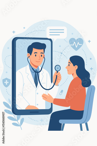 Telemedicine online doctor consultation, virtual healthcare technology, patient remote medical checkup, digital health service, video call appointment, modern flat vector cartoon illustration
