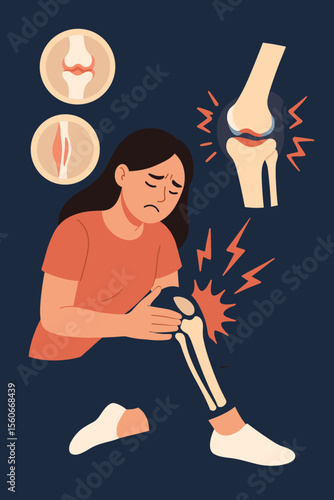 Osteoarthritis knee pain illustration. Rheumatoid arthritis, joint inflammation, tendon injury, anatomy, cartilage damage, medical concept. Woman holding painful knee with highlighted bones.