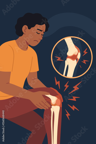 Osteoarthritis knee pain illustration. Joint inflammation, rheumatoid arthritis, tendon injury, chronic knee ache. Medical anatomy, bone and cartilage damage, painful movement concept. Vector cartoon.